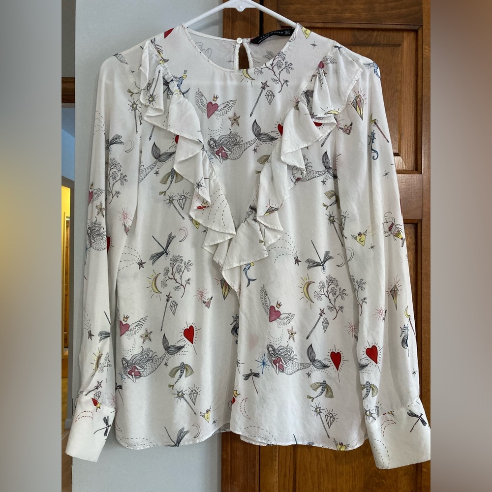 Zara Mermaid Ruffle Blouse Heart Dragonfly M Medium